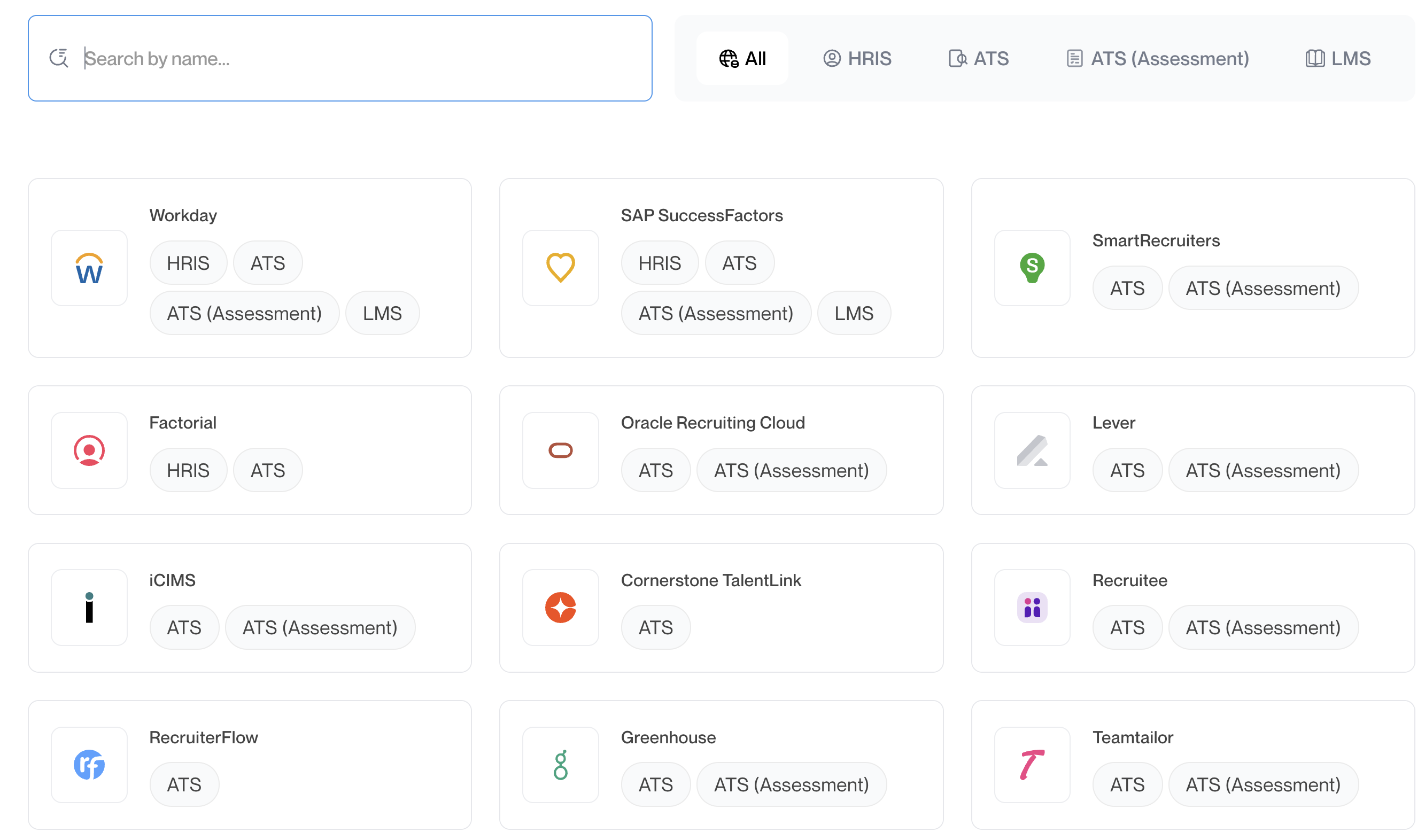 Coverage chart showing Kombo's integration counts across ATS, HRIS, ATS (Assessment), and LMS categories.