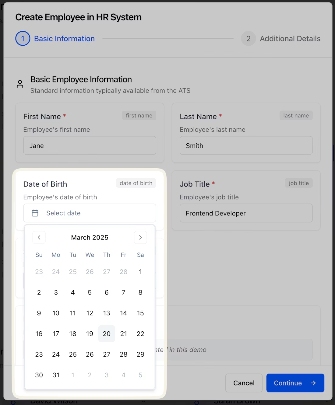Create employee form with the date of birth field highlighted to show a dynamic HRIS-specific form field.